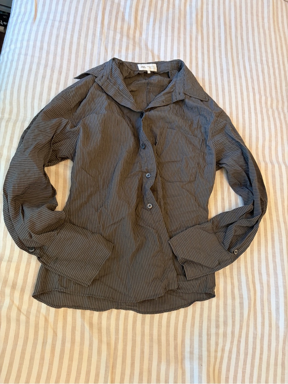 Zara Olive-Green Pinstripe Button-Down Shirt